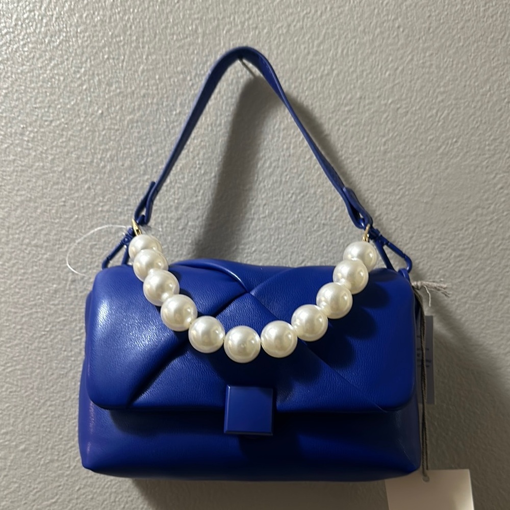 a new day Blue Quilted Mini Bag with Pearl Handle